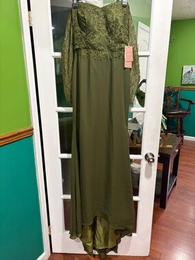 Olive Green Lace Bodice Long Formal Dress